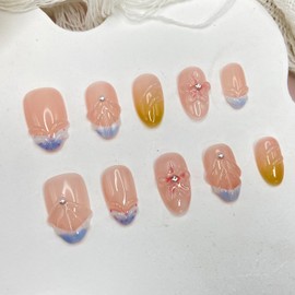 Gradient Press on Nails Short Almond Fake Nails Rhinestones False Nails Glossy Flower Full Cover French Stick on Nails Handmade Press on Nails Acrylic Artificial Nails for Women Glue on Nails (Size S)