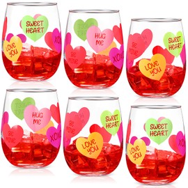 SiliFine 6 Pack Valentine's Stemless Wine Glasses 15 oz Colorful Conversation Love Heart Glasses Red Pink Drinking Kitchen Cabinet for Wedding Anniversary Valentine's Birthday
