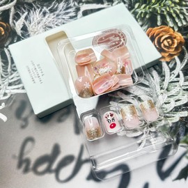 Christmas Press on Nails Cute Elk Charming Little Mouth Glue on Nails Short Square Fake Nails Glitter French Design White Snowflake Full Cover False Nails Winter Pink Xmas Stick on Nails for Women