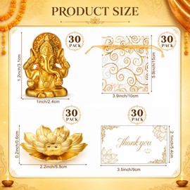 AceOrbit 30 Sets Indian Return Gifts for Pooja Bulk Diwali Gifts Bulk Gold Lotus Incense Sticks Holder with Mini Golden Ganesha Figurines Organza Bags & Thank You Cards Indian Return Gift