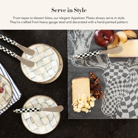 MACKENZIE-CHILDS Set of 4 Enamel Appetizer Plates, Mini Dessert Plates, 5 Inches, Gray-and-White Sterling Check