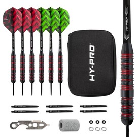 Hy-Pro Darts Set - 22g Steel Tip Darts, 6x Aluminium Shafts, 6x Plastic Shafts, 12 Flights, 6x O'Rings, 6x Spring Rings, Dart Sharpener, Dart Tool, With Case, Great Darts Gift Idea, Darts Accessories