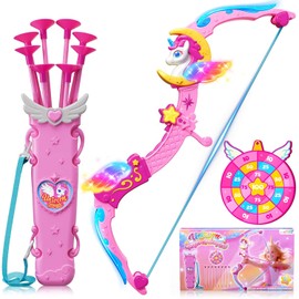 Juguetes de Unicornio para Niñas de 3-12 Años, 6 Luces Mágicas Arco y Flecha (Cuerno de Unicornio, Alas, Estrella, Brazos Superior e Inferior), Carcaj de Ensueño y Diana de Princesa, 8 Flechas de