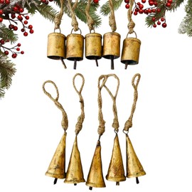 Mie Creations Set of 10 Rustic Vintage Christmas Bells, Tin Bells on Jute Rope, Decorative 2.5in Jingle Bells for Crafts, Christmas Tree Ornaments, Handmade Metal Hanging Mini Cowbells- Antique Gold