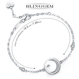 BlingGem Bracelet for Women 925 Sterling Silver Cubic Zirconia Crescent Moon and Star Bracelet Star Charm Celtic Symbol New Beginning Jewelry Gift for Women