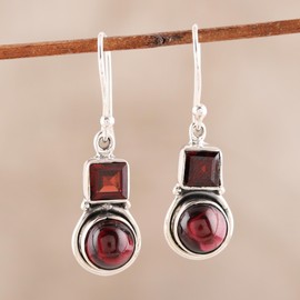 NOVICA Artisan Handmade Garnet Dangle Earrings Square Circular from India Sterling Silver Birthstone Gemstone [1.1 in L x 0.3 in W x 0.2 in D] ' Glittering Combo'