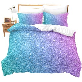 Colorful Glitter Bedding Single Girly Turquoise Teal Blue Pink Pastel Colors Duvet Cover 2 Piece Trendy Bed Spreads Girls Comforter Cover Set with Sparkle Sequin Modern Bedroom Decor Bedding