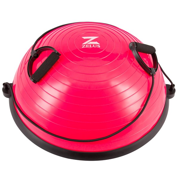 Z ZELUS Balance Ball Trainer Half Yoga Exercise Ball with Resistance Bands and Foot Pump for Yoga Fitness Home Gym Workout (Pink)