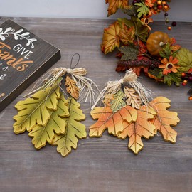 WHY Decor Wooden Hanging Fall Leaves Set of 2 Oak Tree Leaf Cluster Decor Wood Leaf Wall Art for Harvest Autumn Thanksgiving Home Decor 13 x12 Inches