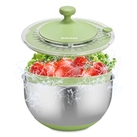 SUSTEAS Stainless Steel Salad Spinner, Lettuce Spinner with Non-Slip Base, Drainage Hole, Stop Button, Vegetable Dryer, Fruit Washer, BPA-Free, Dishwasher Safe, 4.25Qt