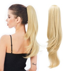 HEWEICSY Ponytail Extension,Hair Extension Ponytail 20" Long Claw Hair Extension Synthetic Wavy Straight Hairpieces Ponytail Clip in Ponytail Wig Daily Fluffy Pony Tail for Women(Light Honey Blonde)
