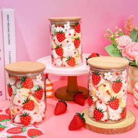 JarThenaAMCS 3Pcs Strawberry Glass Storage Jars Cute Fruits Flower Love Heart Clear Candy Cookie Canisters Set with Airtight Lid for Spring Summer Home Kitchen Countertop Decor