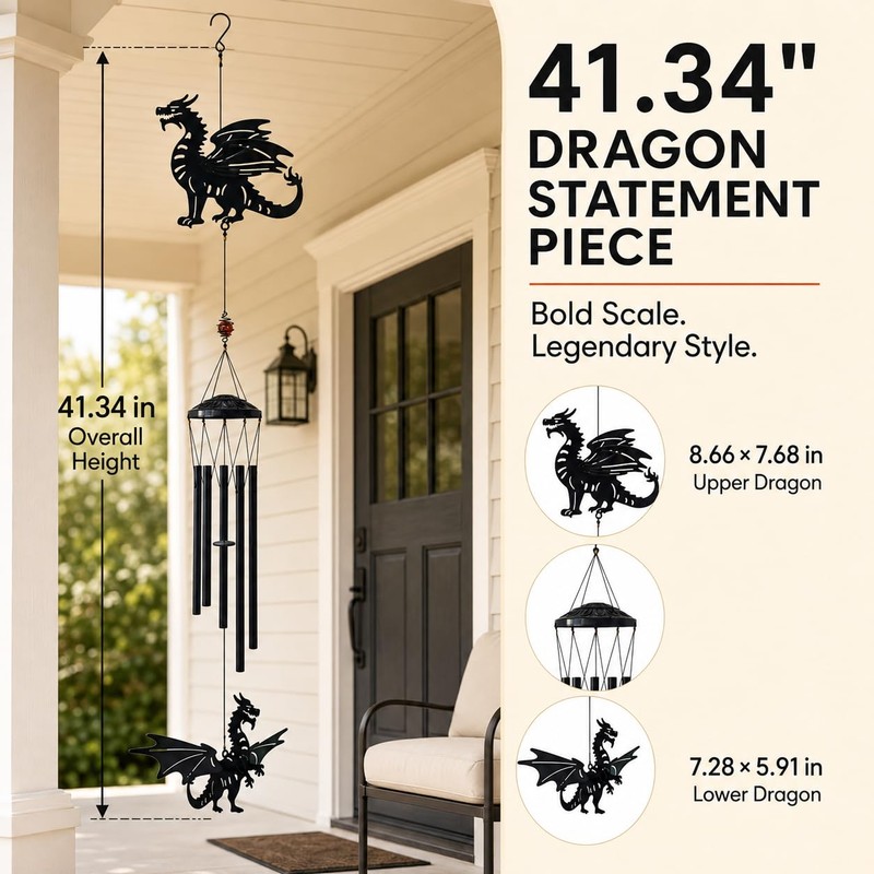 41" Large Dragon Wind Chime with Moving Spring Wings, Windchime