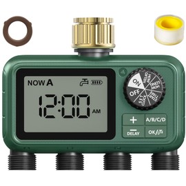 4 Outlet Sprinkler Timer Brass, Programmable Garden Hose Timer with Rain Delay, Manual& Automatic Watering System, Waterproof Gardening Supplies Irrigation Controller for 4 Separate Water Zones
