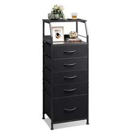 WLIVE Black Fabric Dresser for Bedroom, Tall Nightstand with 5 Drawers & 2 Open Shelves, Modern Night Stand Organizer, Sturdy Steel Frame Bedside Table