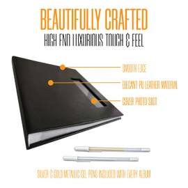 Photo Booth Nook | Photo Booth Album (1 count) | Black Cover - 40 White Pages | 160 Slots for 2x6 Photo Strips | 2x6 Cover Picture Slot | Silver and Gold Gel Pens