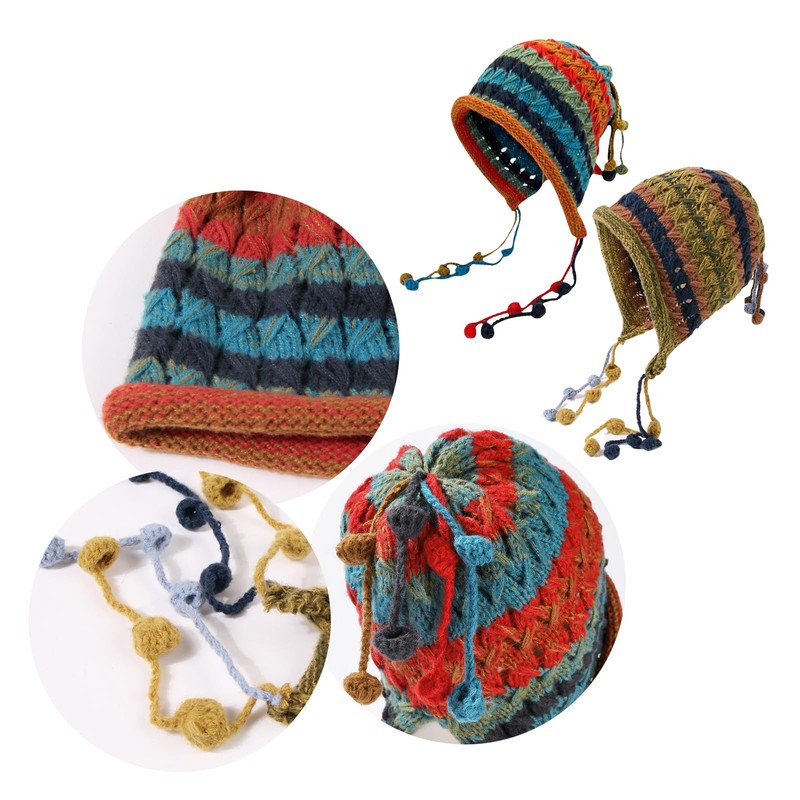CHENGZI Handmade Crochet Wool hat, Colorful Pullover hat, Tassel Ball