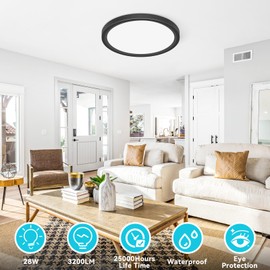 libtit 12 inch Flush Mount LED Ceiling Light Fixture, 3000K 4000K 6500K Adjustable, 28W 3200lm Black Round Lighting Fixtures for Bathroom Shower Hallway Kitchen, 4 Pack