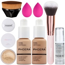 Phoera Foundation, Phoera Primer, Phoera Powder, Concealer Cover Liquid Matte Full Coverage, Make Up Foundation Brush and Powder Brush, Make Up Sponge Set (Buff Beige #104 + Sand #105)