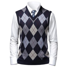 Herothorn Mens Thick Argyle Sweater Vests Classic V-Neck Knitwear Sleeveless Pullover Autumn Winter Warm Tank Tops Navy Blue
