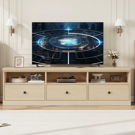 IDEALHOUSE 70in TV Stand for TVs up to 80", Mid Century Modern Entertainment Center with Storage Drawer and Open Shelves, TV Console Media Cabinet for Living Room, Bedroom (Light Oak)