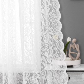 Bujasso White Lace Sheer Curtains 84 inch Vintage Floral Sheer Window Curtain Panels for Living Room Bedroom Luxury Light Filtering White Drapes Window Treatment Sets Rod Pocket 2 Panels 54" Wx84 L