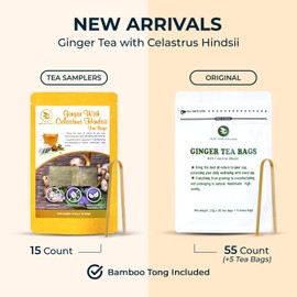 Pure Ginger Tea Samplers with Celastrus Hindsii - 15 Count, Mini Tea Bags, Bamboo Tong Included, Re-Steep Herbal Tea Blend, Corn Based Bags, No Sugar Added, Natural Ginger
