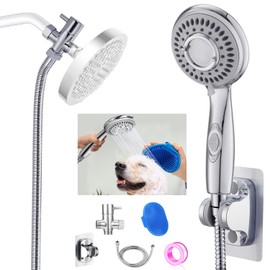 Dog Shower Attachment,Shower Head Sprayer Attachment with ON/OFF Shower Head, Brass 3-Way Diverter for Connecting Shower Arm, Stainless Steel Hose, Dog Brush and Adhesive Holder for Convenient Bathing