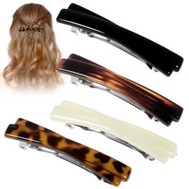 Lnngub 4 Pcs French Barrette Hair Clips,2.56 Inch Small Tortoise Shell Curved Glossy Thin Fine Flat Hair Barrettes for women (Black,White,Leopard Color,Amber)