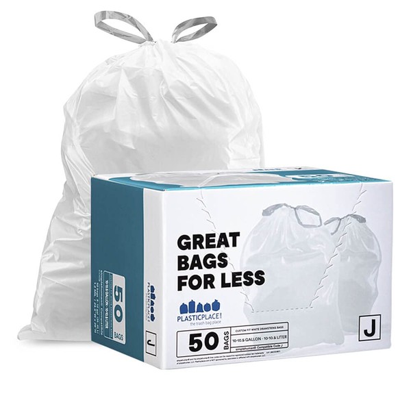 Plasticplace Trash Bags â”‚simplehuman (x) Code J Compatible ”‚White Drawstring Garbage Liners 10-10.5 Gallon / 38-40 Liter â”‚ 21" x 28", 50 Count (Pack of 1)