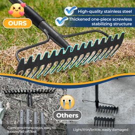 49" Rake - 17" Extra Wide Garden Tool with Double-Sided Head, Heavy Duty Lightweight Stainless Steel Construction for Mulching & Debris Removal, Leveling Lawn, Loosening Soil, Leaf Cleanup, Soil Prep