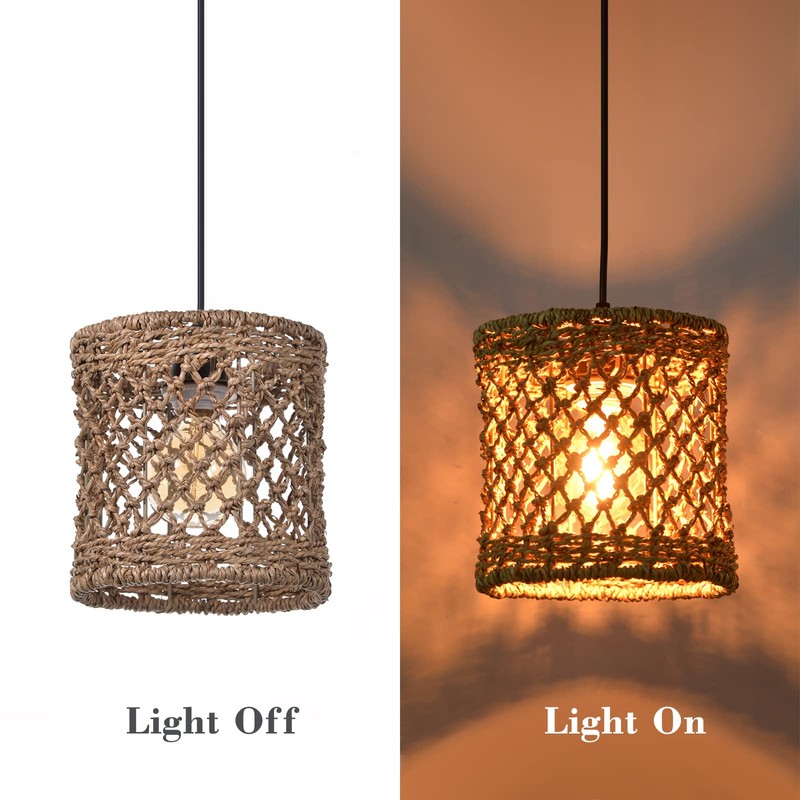 Arturesthome Boho Hand Woven Rattan Pendant Light Fixture, Mini Farmhouse