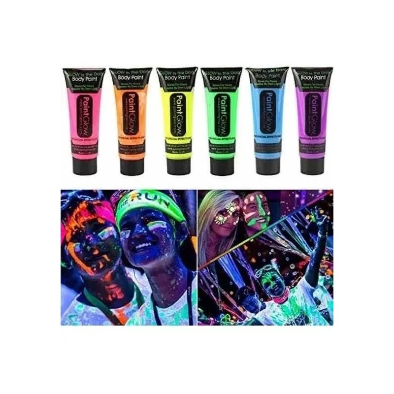 GLOW Arte Pinturas Fluorescentes Luminosa 6pz Cara,cuerpo+regalo