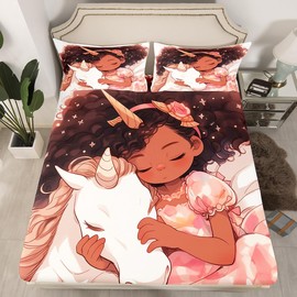 Feelyou Black Girl Bedding Set African American Black Girl Fitted Sheet for Teens Boys Girls Cartoon Unicorn Sheets Set Afro Princess Deep Pocket Sheet Twin Size,No Flat Sheet