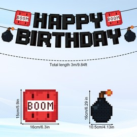 Happy Birthday Banner, Pre-Strung Black Pixel Themed Banner Creative Birthday Party Decorations Photo Backdrop Gaming Themed Party Supplies