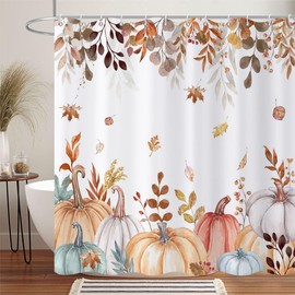 Caheansi Fall Pumpkin Shower Curtain, Colorful Watercolor Autumn Pumpkins Maple Falling Leaves Thanksgiving Day Harvest Bathroom Curtain Waterproof Fabric Machine Washable with Hooks, 72" Wx72 L