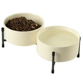 TAMAYKIM 32 oz Ceramic Dog Cat Bowls with Elevated Metal Stand, 6 Inch Porcelain Round Food and Water Bowl Set, Non-Slip Pet Feeder Bowls for Cats & Dogs, Beige, Set of 2