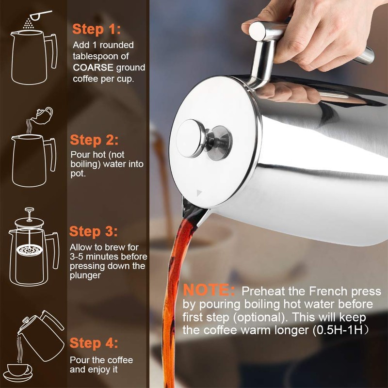 Secura French Press Coffee Maker, 34-Ounce, 304 Stainless Steel Insulated