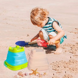 Collapsible Beach Buckets for Kids with 3pcs Metal Shovels, Collapsible Beach Toys for Kids Toddlers, Silicone Pails for Beach Travel Essentials