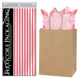 Flexicore Packaging Natural Brown Kraft Paper Gift Bags & Red Gift Wrap Tissue Paper | Size: 8 Inch X 4.75 Inch X 10.5 Inch | Count: 5 Bags | Color: Red Pin Stripe