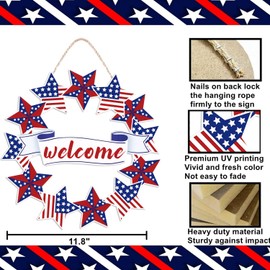 4th of July Welcome Sign Fourth of July Decorations Wooden Patriotic Star Wreath for Front Door Memorial Day for Porch Wall Indoor Home Decor