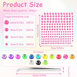 Prasacco 2310 Stück Glitzersteine Selbstklebend, 14 Blätter Gesicht Strass Sticker Runder Acryl Strass Aufkleber mit 1 Edelstahl Pinzette 3/4/5/6 mm Mehrfarbige Glitzer Strasssteine für DIY-Dekoration