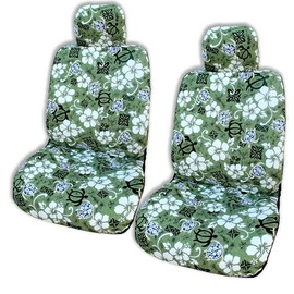 Winnie Fashion Made in Hawaii, Aloha Honu Lucky Turtle Separate Headrest Hawaiian Car Seat Cover - Set of 2 (Green, Standard)