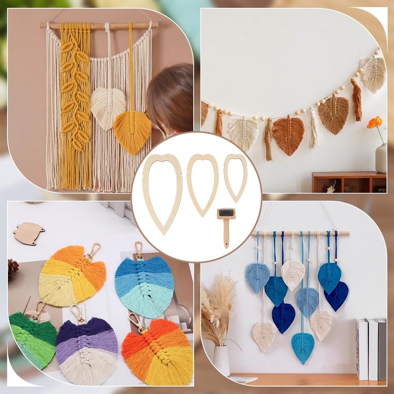 BENECREAT 4Pcs Macrame Supplies Set, Wooden Macrame Leaf Template, 3Pcs