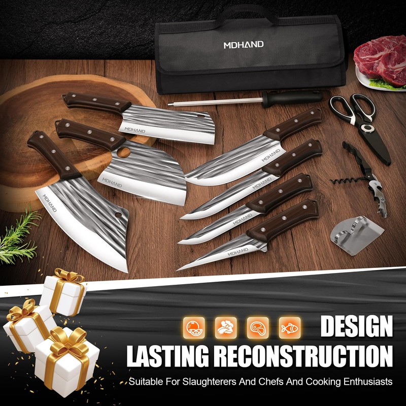 MDHAND 14PCS Professional Butcher Knife Set with Roll Bag, Hand