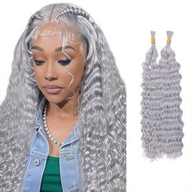 Kameinike Grey Deep Wave Bulk Human Hair for Boho Braids, 2 Bundles/Pack 100g No Weft 12A Curly for Human Braiding Hair Extensions（20 Inch）