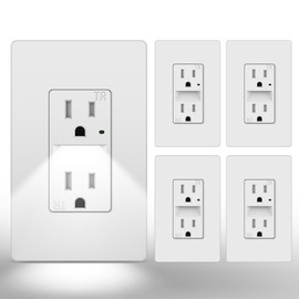 CML Outlet with Night Light, 15 Amp Decorator Receptacle with LED Guide Lights and Dusk to Dawn On/Off Sensor, Tamper Resistant Electrical Outlets w/Screwless Wall Plate, ETL Listed, 5 Pack, White