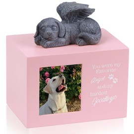 DiDiBirDi Dog Urns for Ashes, Pink Wooden Keepsake with Photo Frame, Pet Memory Box with Resin Dogs Angel Statue and Sealed Storage Bags (Up to 75lbs)