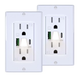 PD20W USB Outlet with LED Night Light, Electrical Wall Outlet with Type A and Type C USB Charging Ports,Tamper-Resistant Wall Outlets, Wall Plate for Phone Tablet and Cameras White (2)