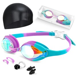 Hurdilen Kids Swim Goggles, Anti-fog and UV Protection with Swimming Cap for Age 3-15 Youth Boys Girls Toddler (Purple & Blue)